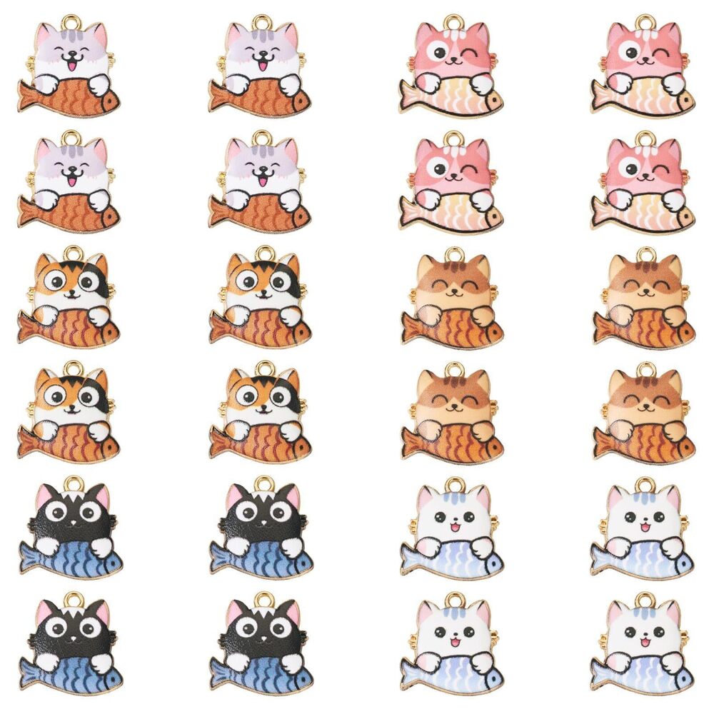 8494 24Pcs Enamel Cat Charms for Jewelry Making, Cute Cartoon Fish Kitten